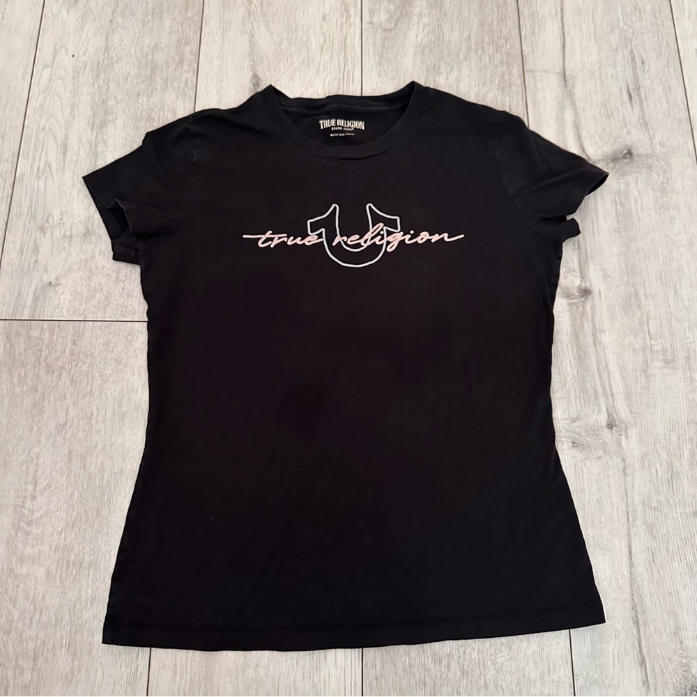 True Religion Women’s Logo Graphic Tee Black Short Sleeve Crewneck Size Medium